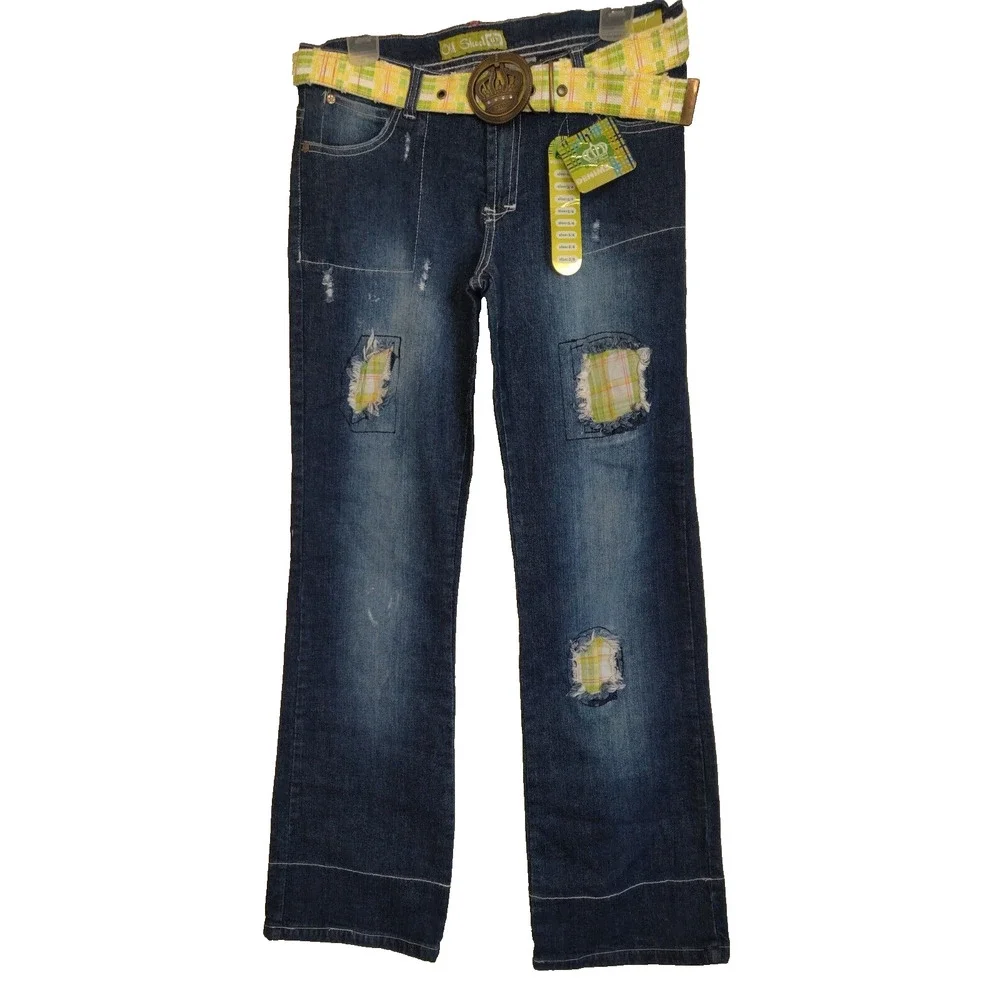 NWT Patchwork Denim Jeans OLD SKOOL URBAN Wide Hem ARTSY Distressed Rips Sz 5/6 - Picture 12 of 16